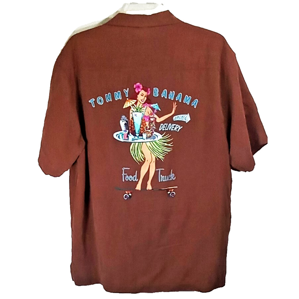 TOMMY BAHAMA Men's Hawaiian Shirt Size Large Silk HULA GIRL Embroidered Camp